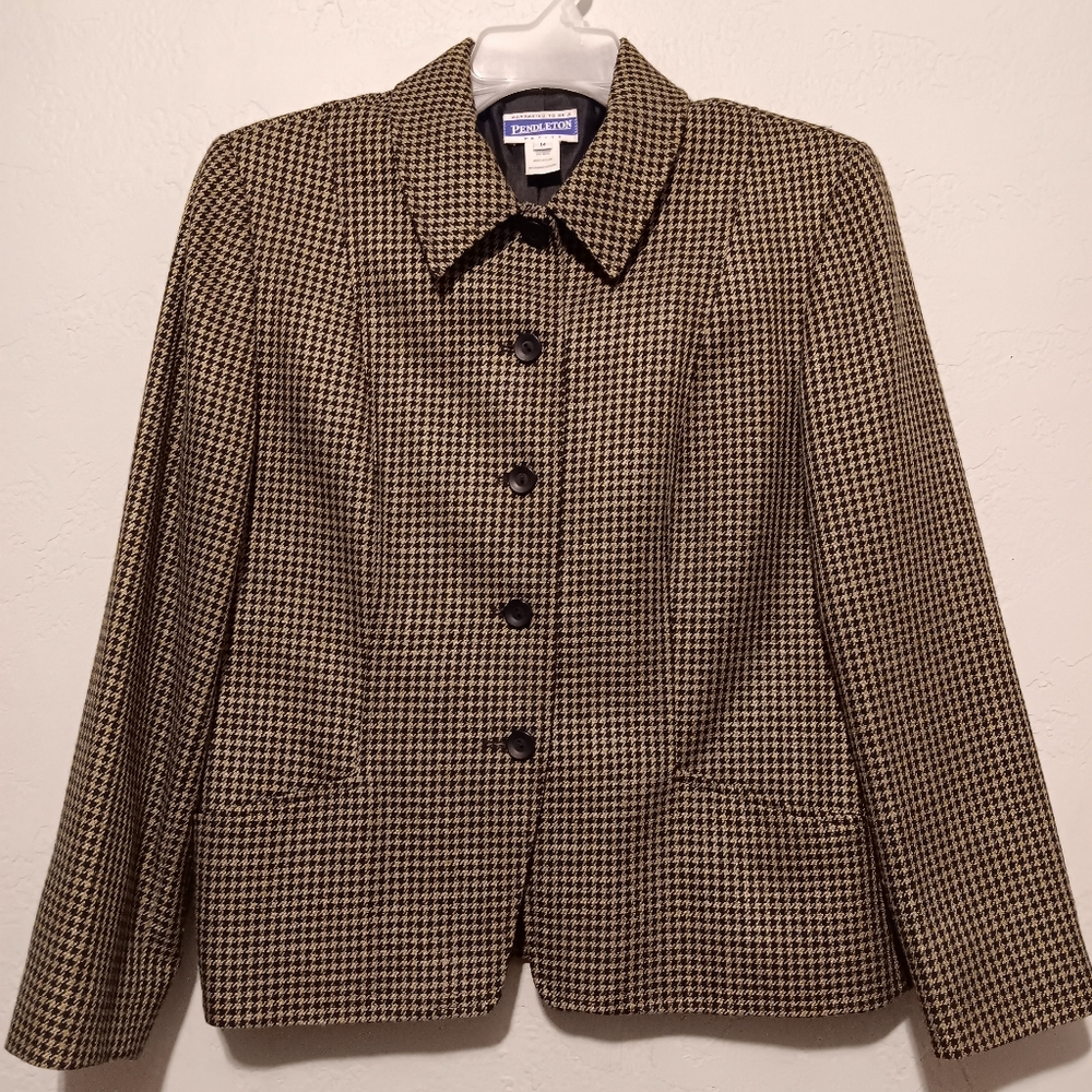 Pendleton‎ Wool Houndstooths Jacket Tan/Black Sz14petite Old Money Quiet Luxury